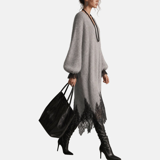 Mireille | Sparkle-Knit Lace-Trim Midi Dress