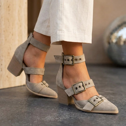 VIVIENNE MULES Suede Buckle Mule Heels