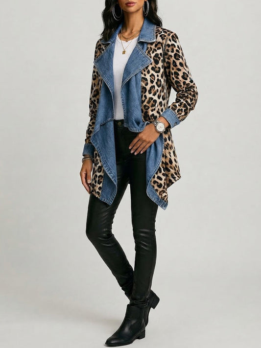 Sherilyn Leopard Print Washed Denim Paneled Mid-Length Jacket