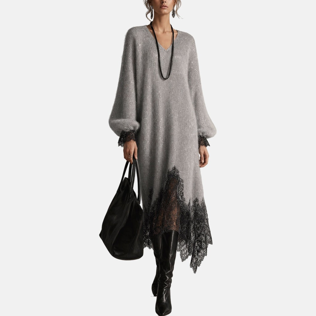 Mireille | Sparkle-Knit Lace-Trim Midi Dress