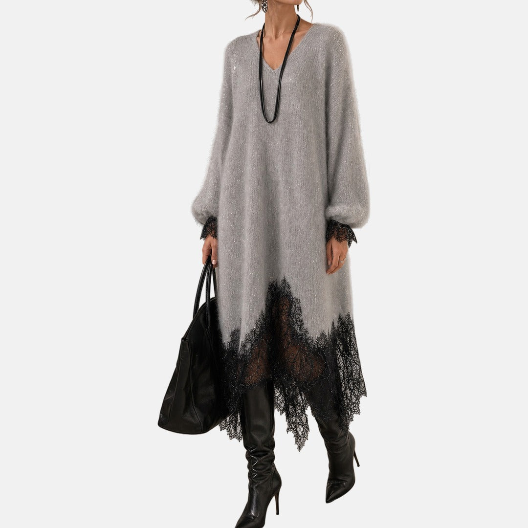 Mireille | Sparkle-Knit Lace-Trim Midi Dress