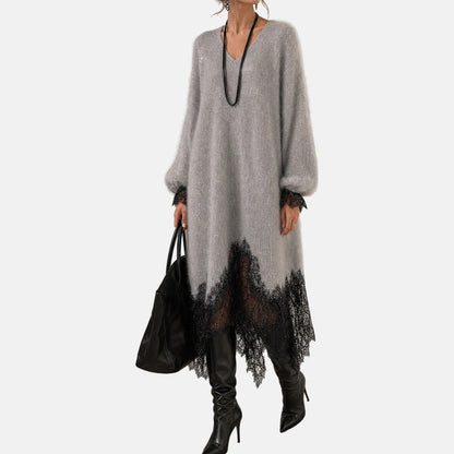 Mireille | Sparkle-Knit Lace-Trim Midi Dress