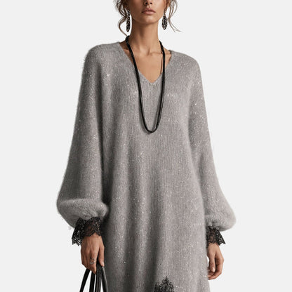 Mireille | Sparkle-Knit Lace-Trim Midi Dress