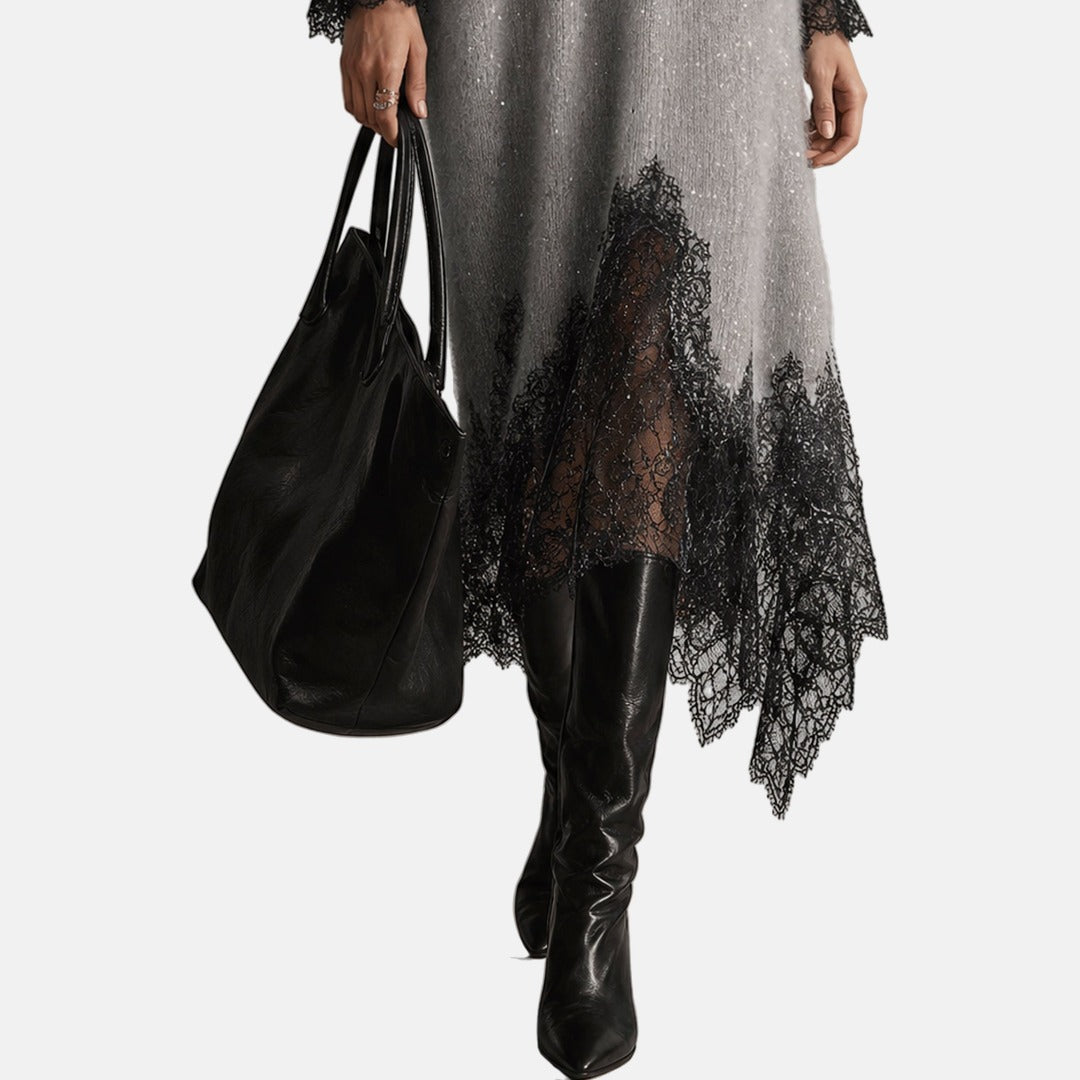 Mireille | Sparkle-Knit Lace-Trim Midi Dress