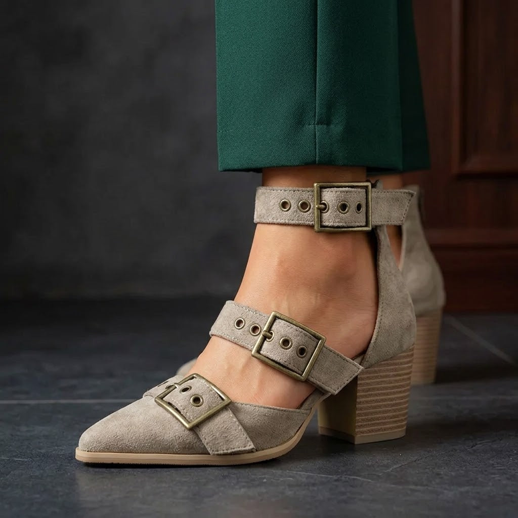 VIVIENNE MULES Suede Buckle Mule Heels