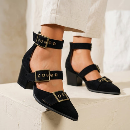 VIVIENNE MULES Suede Buckle Mule Heels