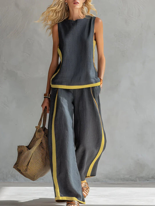 Ursula Casual Chic Waistcoat and Trousers Set with Contrast Trim