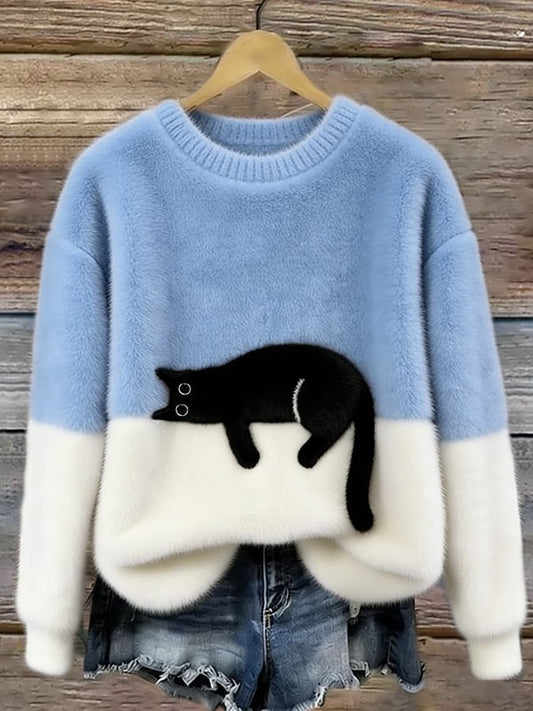 Aileen Elegant Cat Print Oversized Sweater
