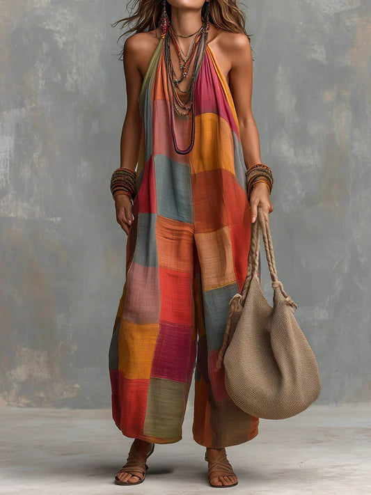 Bohemian Patchwork Jumpsuit – Earthy Boho Autumn Spirit
