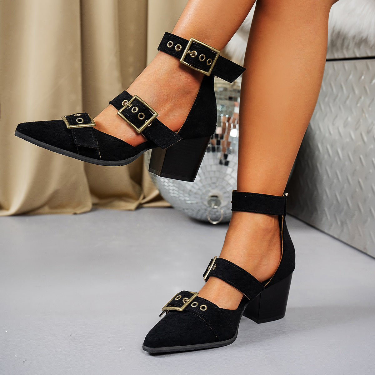 VIVIENNE MULES Suede Buckle Mule Heels