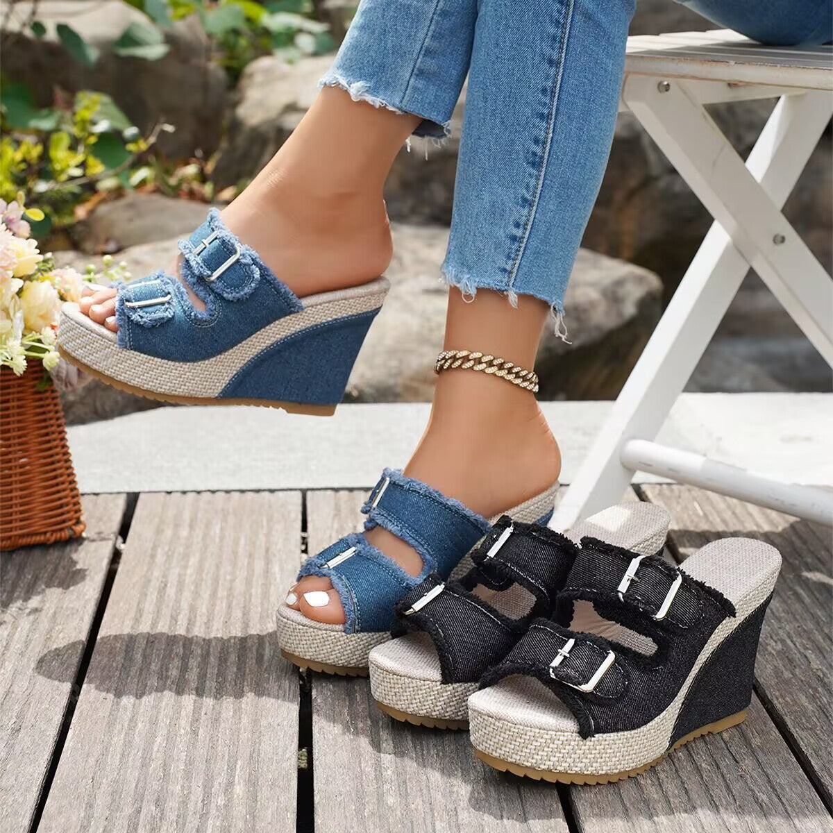 ELARA DENIM WEDGES Denim Wedge Sandals