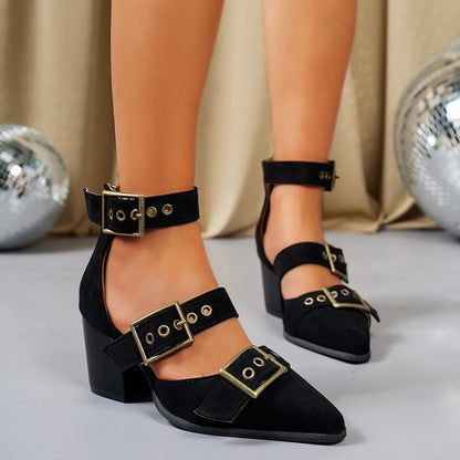 VIVIENNE MULES Suede Buckle Mule Heels