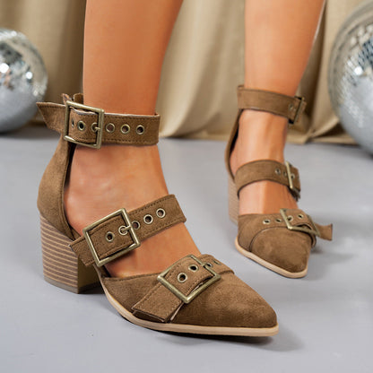 VIVIENNE MULES Suede Buckle Mule Heels