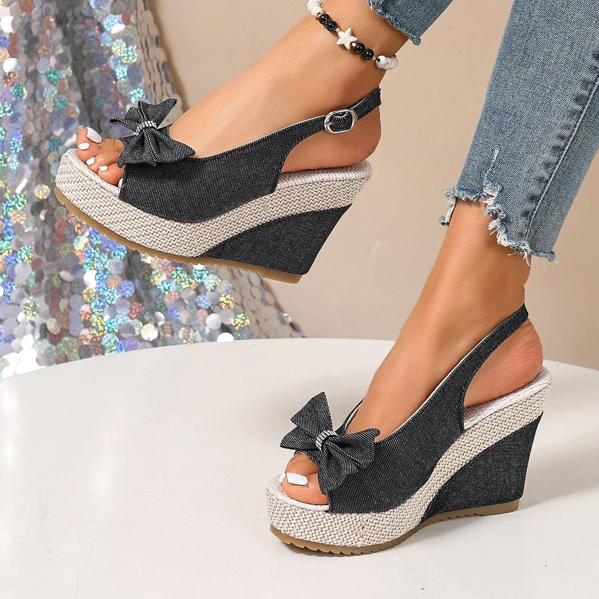 ANNA WEDGES Denim Platform Sandals