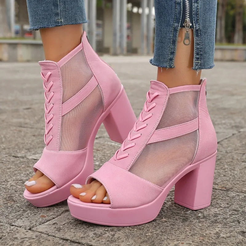 SIENNA HEELS Mesh Detail Block Heels