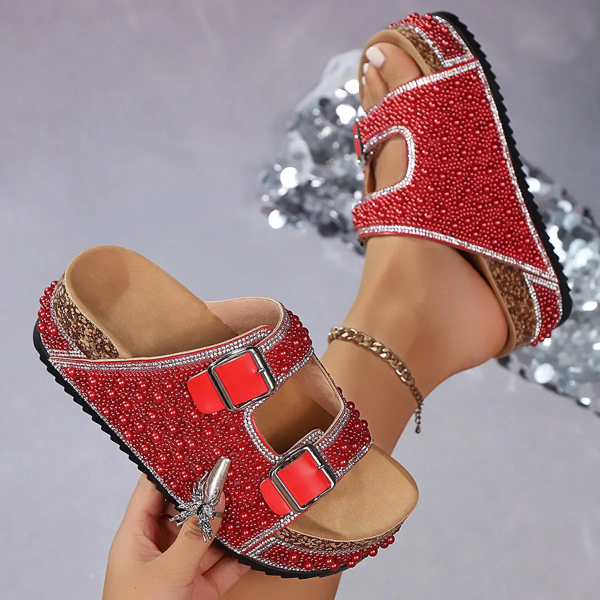 ISABELLE SANDALS Pearl Detail Flat Sandals