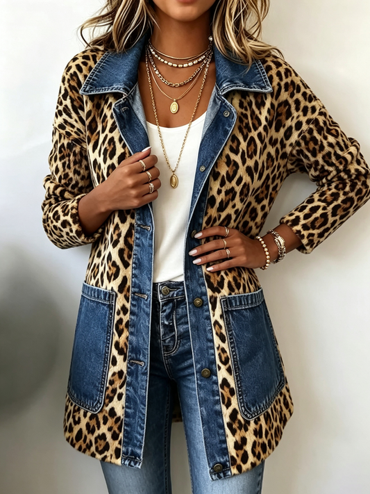 Fablenne Leopard Print Denim Panel Contrast Longline Jacket