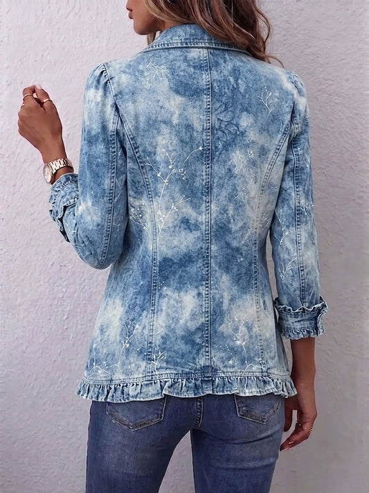 Jemison Boho Gradient Vintage Botanical Print Ruffle-Detail Jacket