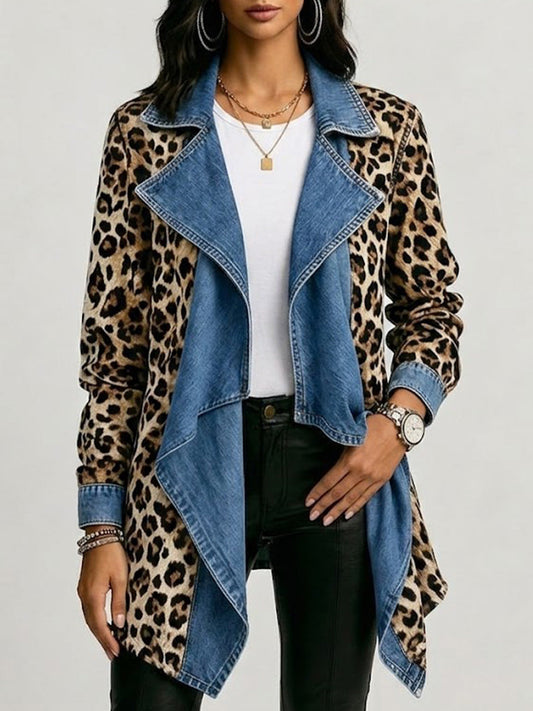 Sherilyn Leopard Print Washed Denim Paneled Mid-Length Jacket