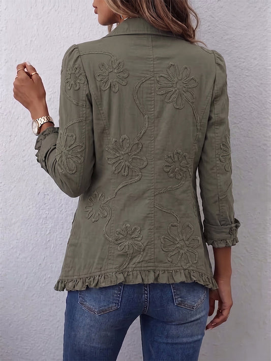 Kamberly Boho-Chic Floral Embroidered Utility Ruffled Trim Jacket
