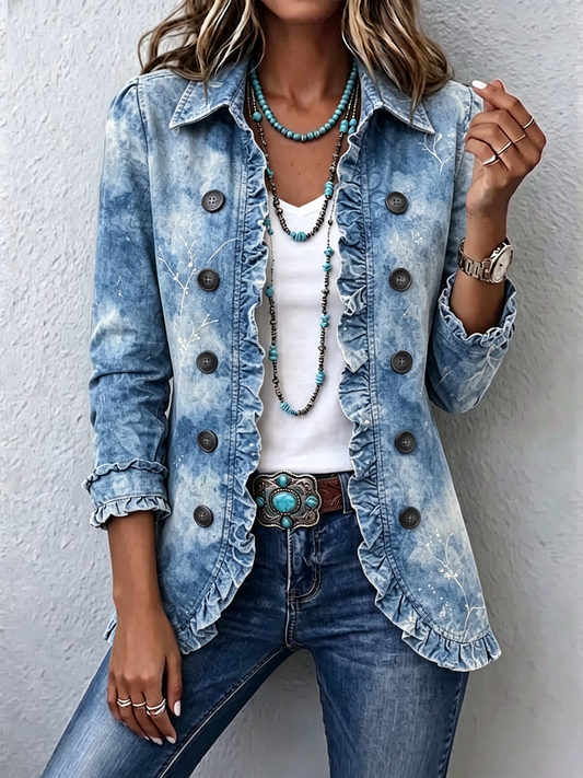 Jemison Boho Gradient Vintage Botanical Print Ruffle-Detail Jacket