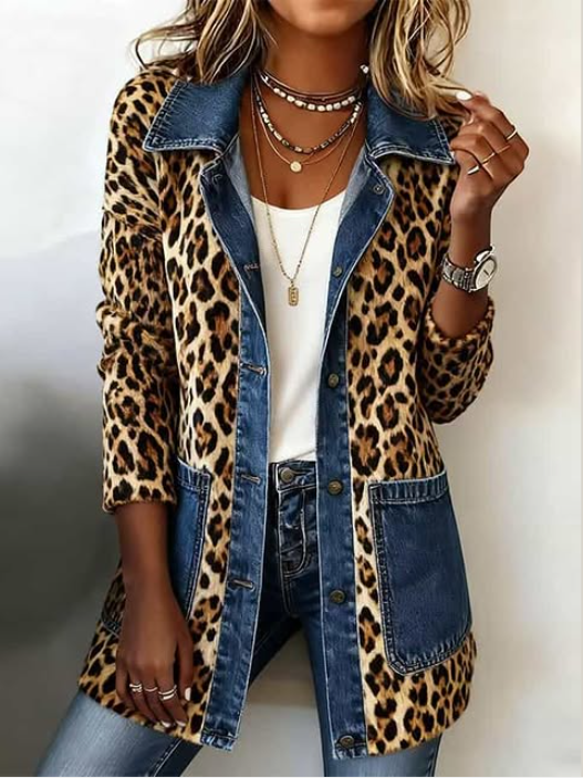 Fablenne Leopard Print Denim Panel Contrast Longline Jacket