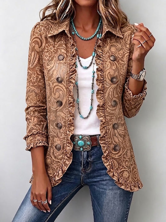 Vyclara Vintage Bohemian Floral Print Ruffled Jacket